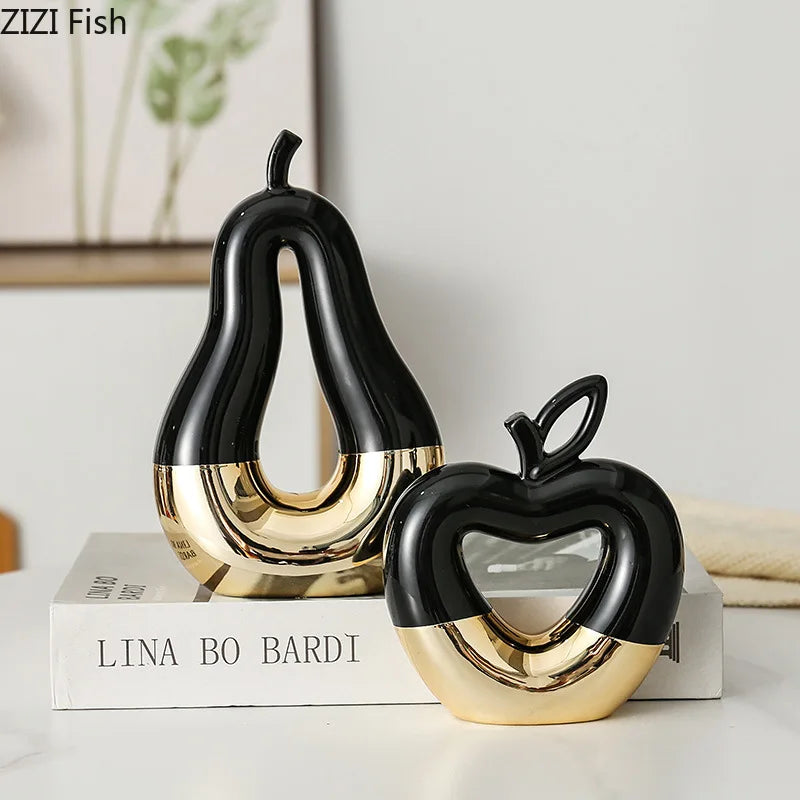 Estatua de Pera de Manzana de Oro Decorbites™ Ornamentos Cerámicos Decoración de Escritorio Escultura Artesanal Moderna