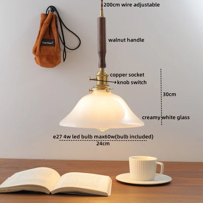 DecorBites™ Amber Glass LED Pendant Light with Walnut Handle for Dining Living Room