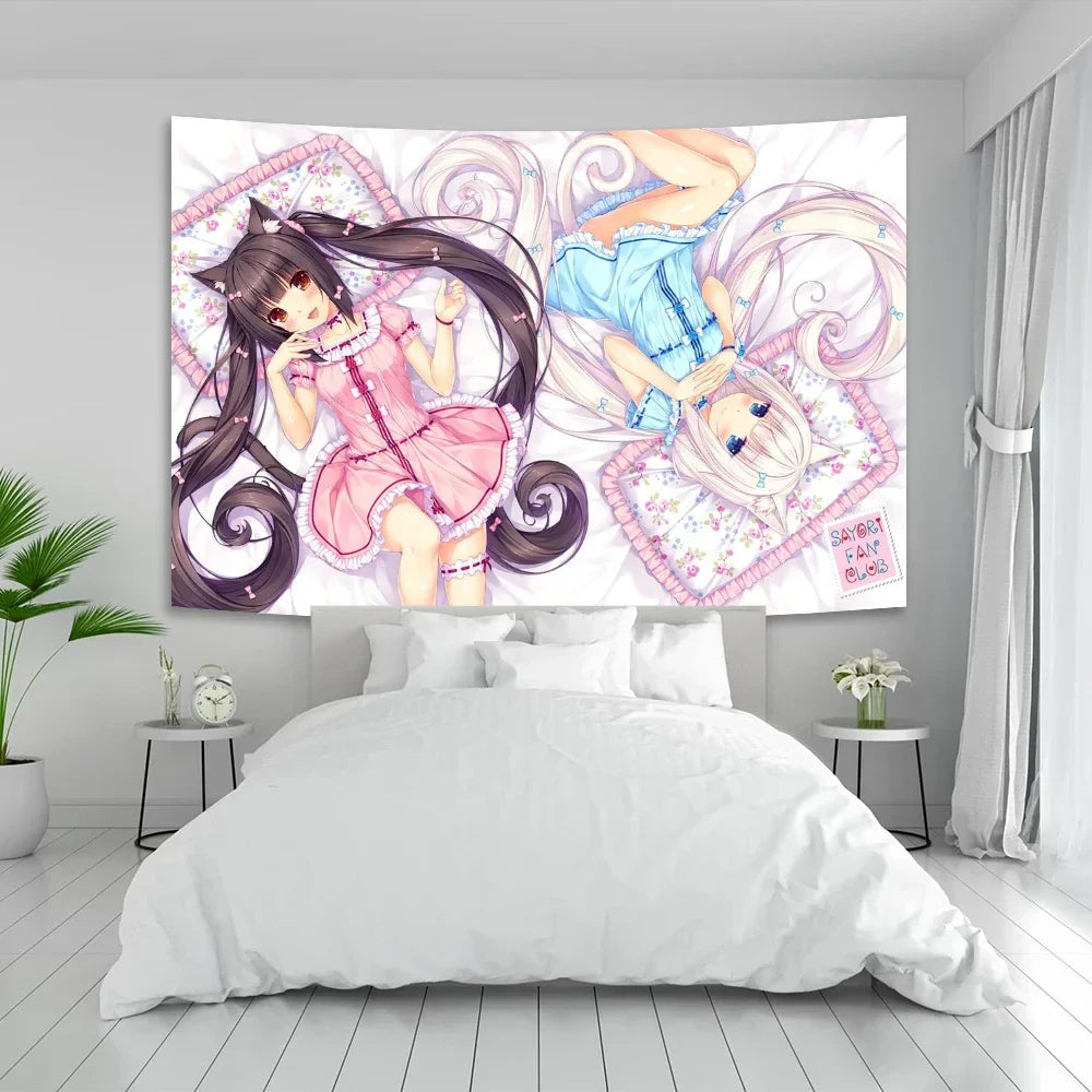 Decobites Nekoparas Wall Tapestry: Kawaii Pink Room Banner for Girls' Dormitory