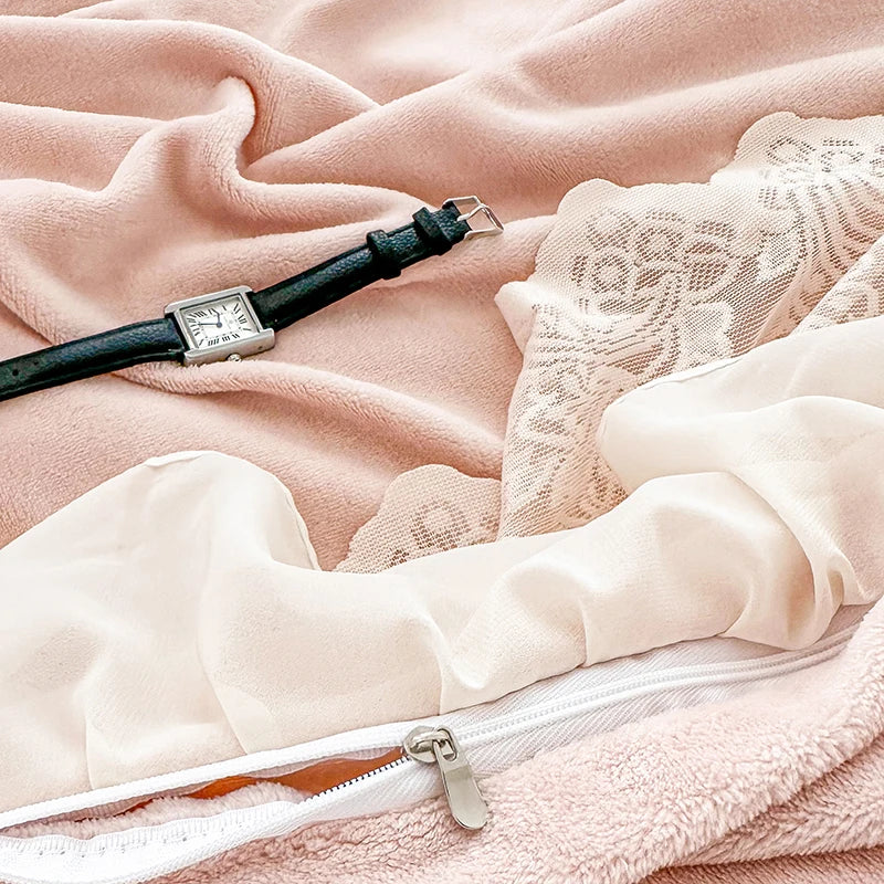 Juego de cama de boda estilo princesa con volantes de encaje francés DecorBites™, incluye funda nórdica de terciopelo polar