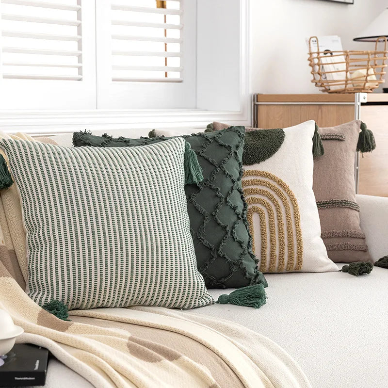 DecorBites™ Green Coffee Geometric Tuft Tassel Cushion Cover - Modern Minimalist Embroidered Pillowcase