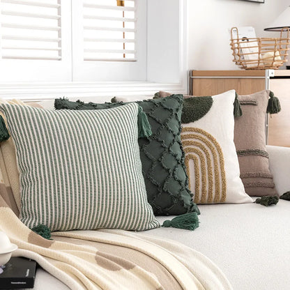 DecorBites™ Green Coffee Geometric Tuft Tassel Cushion Cover - Modern Minimalist Embroidered Pillowcase