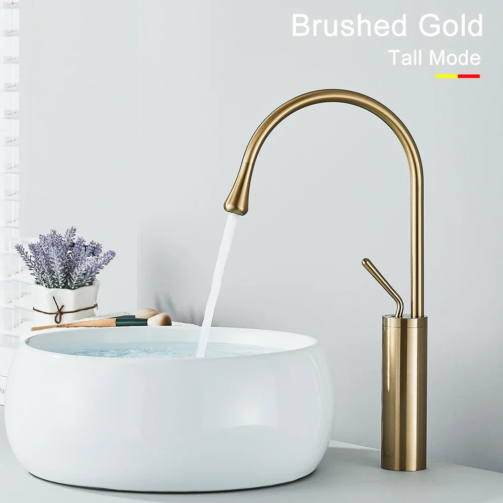 Grifo alto DecorBites™ Gold, mezclador giratorio de cascada de 360° para lavabo de baño