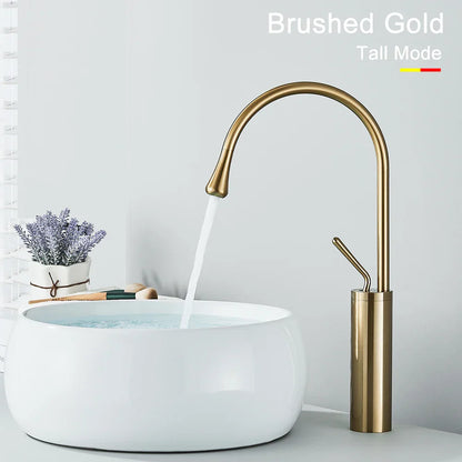 Grifo alto DecorBites™ Gold, mezclador giratorio de cascada de 360° para lavabo de baño