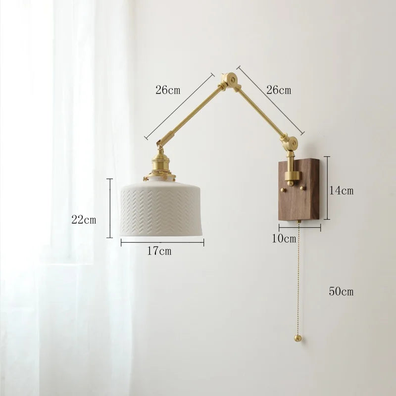 مصباح حائط نحاسي من DecorBites™ مع مفتاح سلسلة سحب، تصميم نورديك، لمبة LED، عاكس ضوء سيراميكي