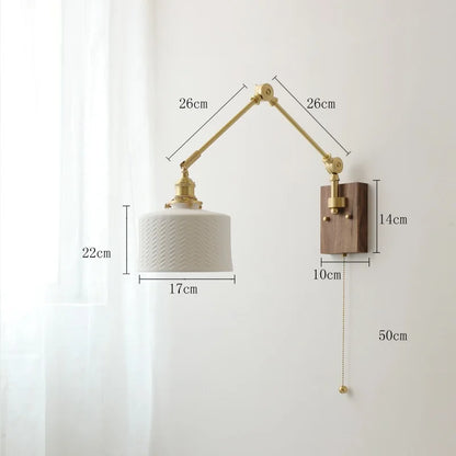 مصباح حائط نحاسي من DecorBites™ مع مفتاح سلسلة سحب، تصميم نورديك، لمبة LED، عاكس ضوء سيراميكي