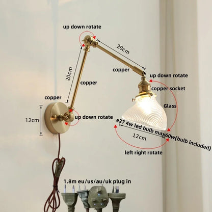 DecorBites™ Brass Swing Arm LED Wall Light Fixture with Rotatable Arms & Pull Chain Switch