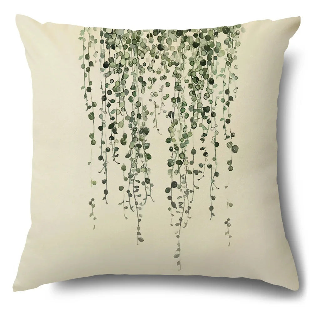 Funda de cojín decorativa DecorBites™ con diseño de hojas verdes - Funda de cojín para sofá de estilo sencillo en algodón y lino