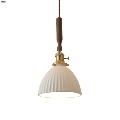 DecorBites™ White Ceramic LED Pendant Light with Walnut Wood Accent - Modern Nordic Design