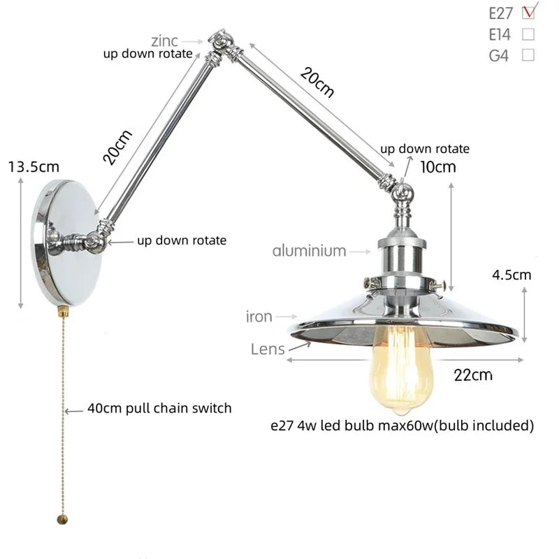 Decorbites™ Industrielle Linse Vintage-Loft-LED-Wandleuchte mit Schwingarmen und Zugschalter