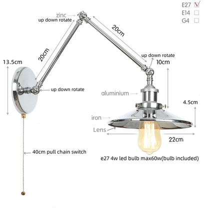 Decorbites™ Industrielle Linse Vintage-Loft-LED-Wandleuchte mit Schwingarmen und Zugschalter