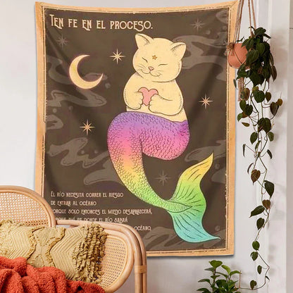 Decobites Cat Tapestry: Bohemian Moon Cat Wall Art for Cute Home Decor