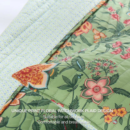 DecorBites™ Green Floral Quilt Set 3-Piece Oversized Bedding with Shams