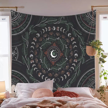 Botanical Celestial Floral Wall Tapestry by Decobites, Moon Phase Hippie Flower Dorm Decor