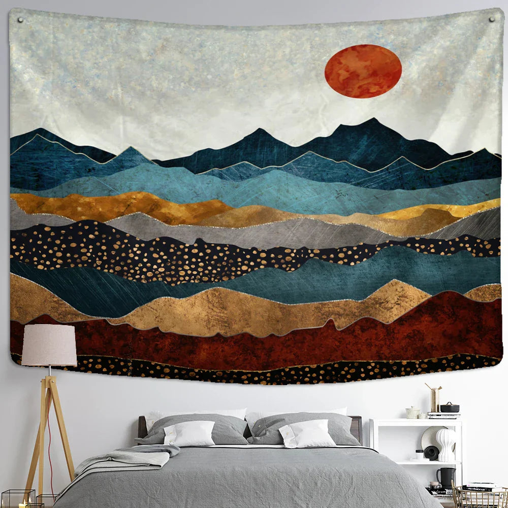 Tapiz de pared con pintura al óleo abstracta de montañas para decoración de habitaciones con estética bohemia y brujería de DecorBites™