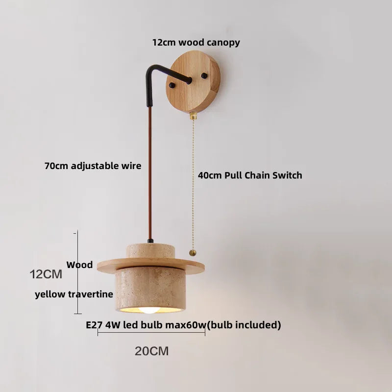 DecorBites™ مصباح حائط LED من الخشب والنحاس من حجر الترافرتين الأصفر بجانب السرير