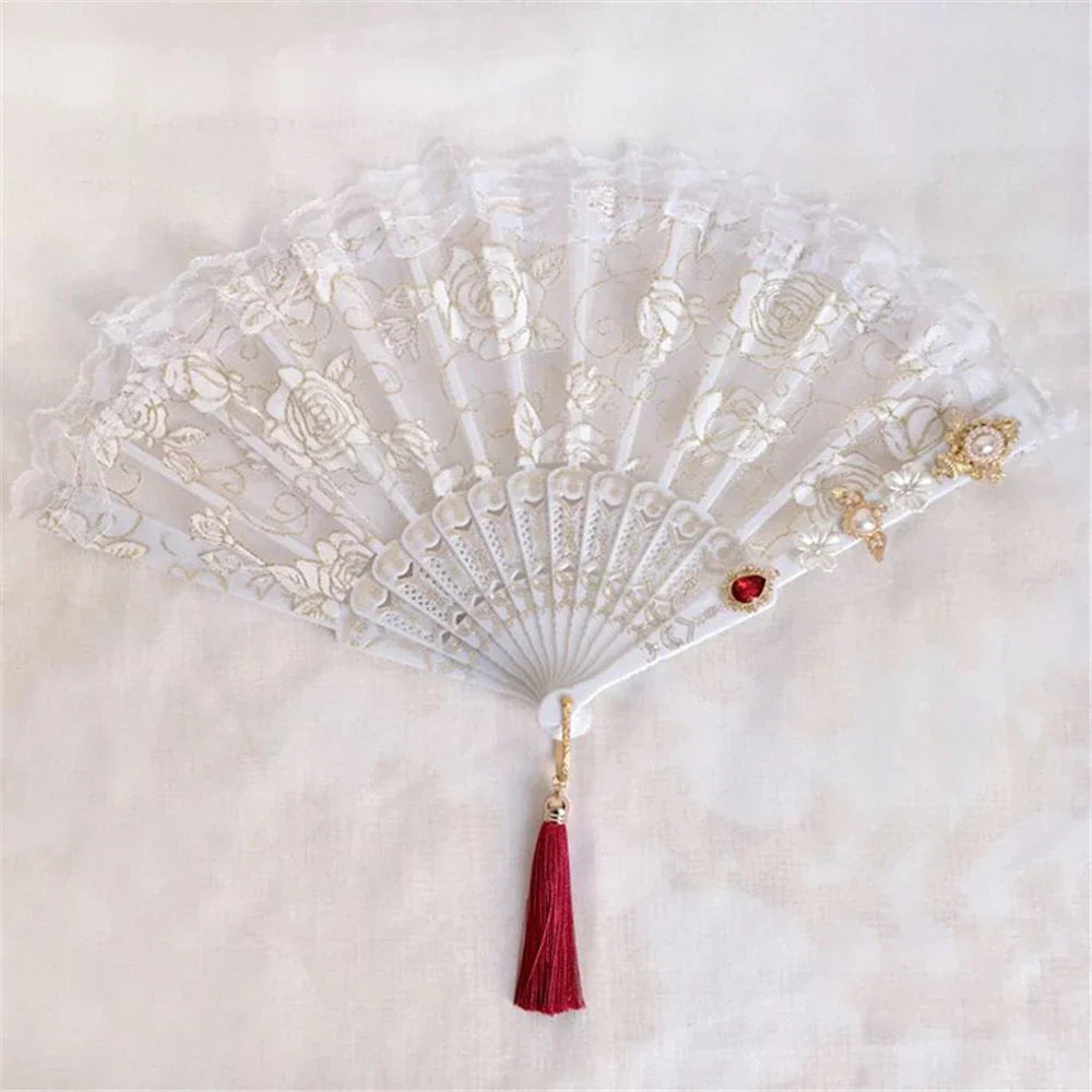 DecorBites™ Elegant Gemstone Handle Lace Fan for Dark Gothic Court Party