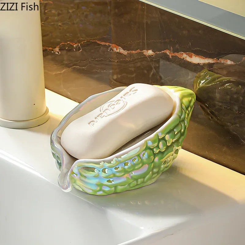DecorBites™ Bitter Gourd Ceramic Soap Dish - Bathroom Accessories Drainage Rack & Storage Container
