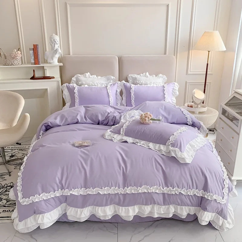 DecorBites™ Korean Princess Lolita Bed 4-Piece Set in Solid Washed Cotton
