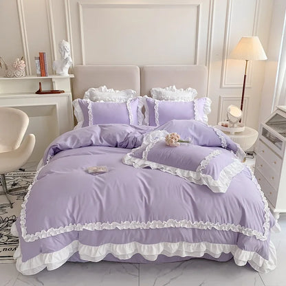 DecorBites™ Korean Princess Lolita Bed 4-Piece Set in Solid Washed Cotton