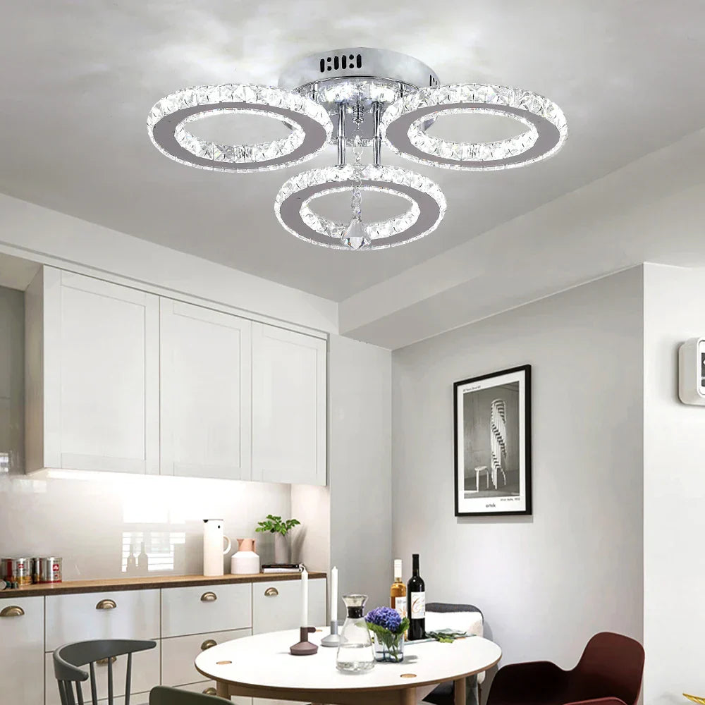 DecorBites™ Crystal Chandelier 3Rings Chrome Pendant Light for Bedroom Living Room