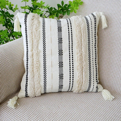 DecorBites™ Boho Tufted Fringed Black White Geometry Printed 45x45cm Pillowcase