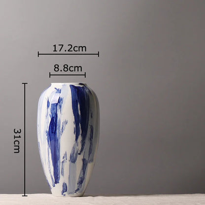 DecorBites™ Blue & White Porcelain Vase: Ink Style Flowers, Aesthetic Room Decor