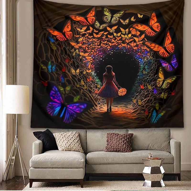 Decobites Psychedelic Girl Tapestry Wall Hanging Butterfly Cave Boho Colorful Decor