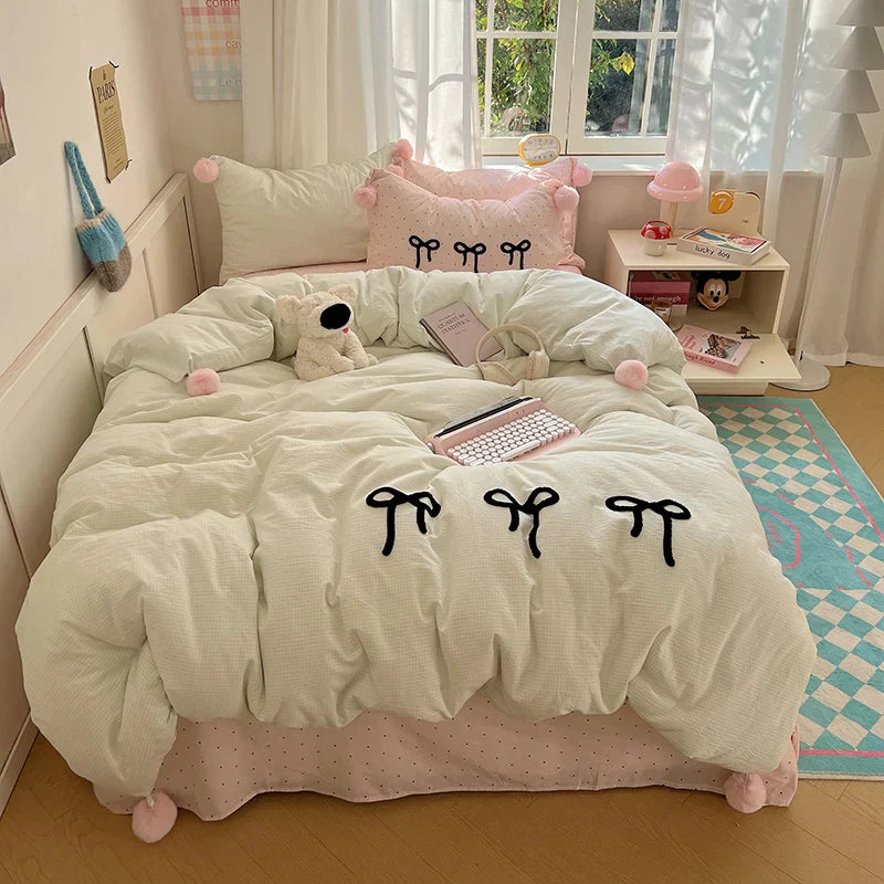 Conjunto de Ropa de Cama Decorbites™ Princesa Coreana con Lazo, Enrejado y Pompón - Tamaño Individual Queen
