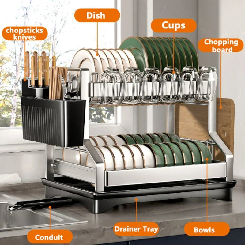 DecorBites™ 2 Tier Dish Drying Rack Utensils Storage Organizer with Drainboard