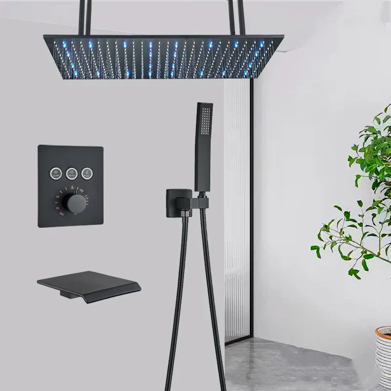 DecorBites™ LED Thermostatic Rainfall Shower System with Tub Spout Mixer Tap & Brass Head