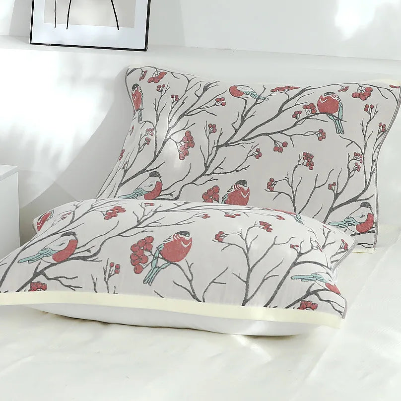 DecorBites™ Japanese Cotton Single Bedspread with Pillow Towel - Floral Birds Design