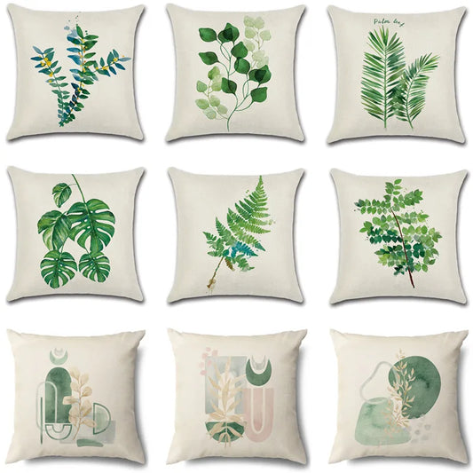DecorBites™ Green Leaves Decorative Pillow Case - Simple Style Cotton Linen Sofa Cushion Cover