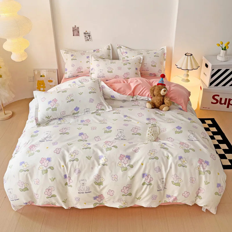 Decobites Heart Print Solid Color Bedding Set: Duvet Cover, Sheet, Pillowcases for Single Double Bed