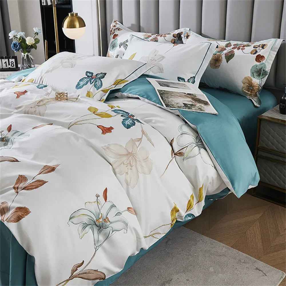 طقم أغطية سرير من DecorBites™ 600TC مصنوع من القطن المصري مقاس كوين كينج وغطاء لحاف وبياضات سرير