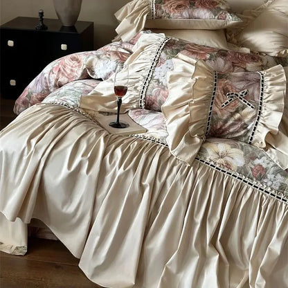 Decobites Vintage Floral Bedding Set with Ruffles in Egyptian Cotton, Romantic Oil Painting Style