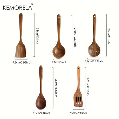 DecorBites™ Juego de 5 cucharas de cocina de madera de teca - Utensilios de cocina naturales