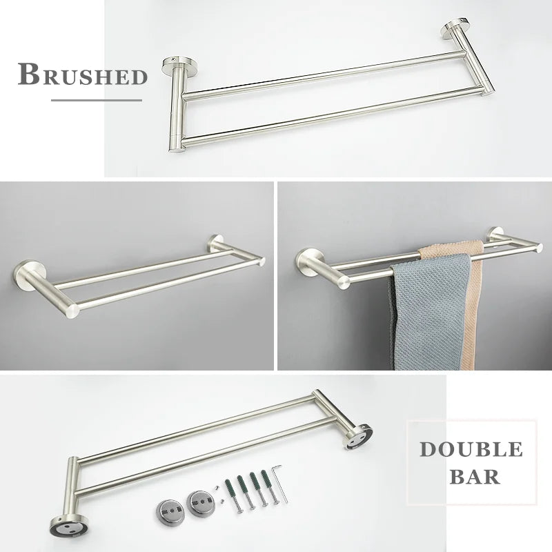 DecorBites™ Brushed Nickel Stainless Steel Bathroom Hardware Set Towel Bar Ring Holder Robe Hook