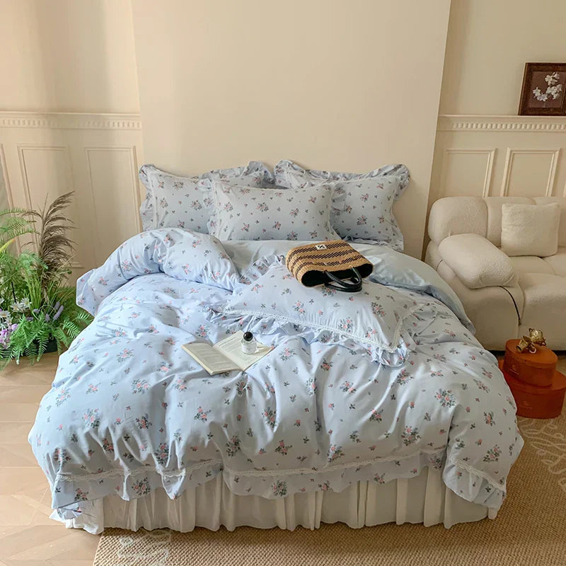 DecorBites™ Lace Ruffles Floral Velvet Patchwork Duvet Cover Bedding Set