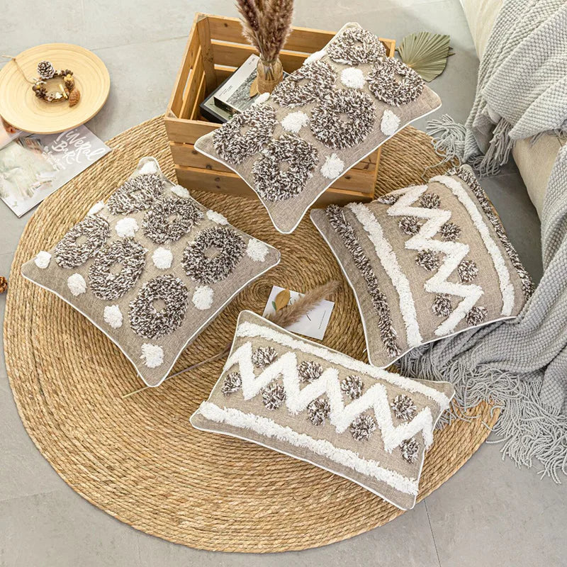 DecorBites™ Boho Style Tufted Cushion Cover with Tassel, Gray Embroidery, 45x45cm