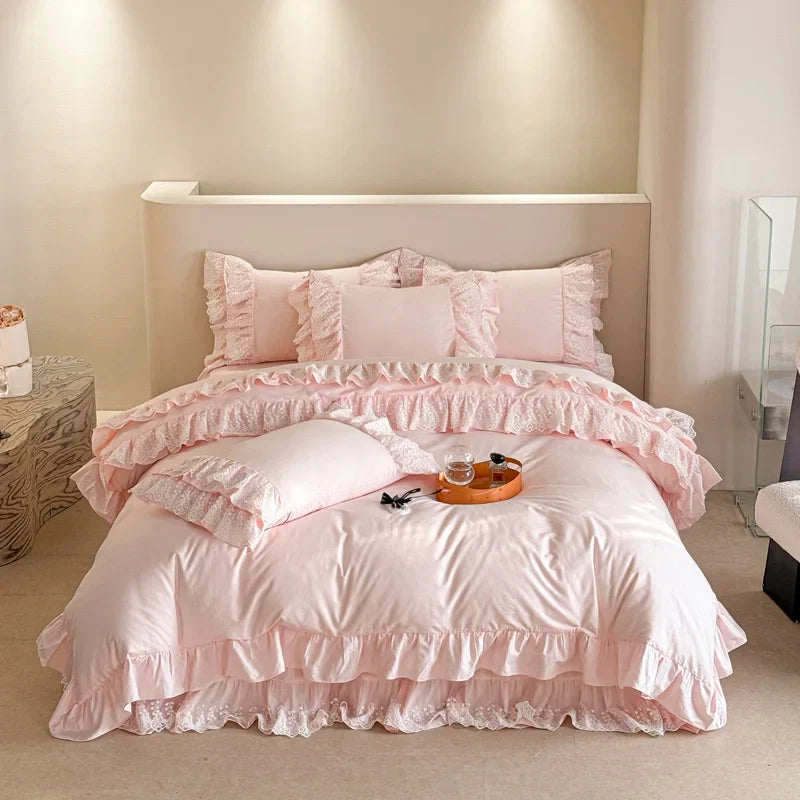 Decobites Pink Lace Ruffles Princess Style Cotton Bedding Set with Bed Skirt and Pillowcases