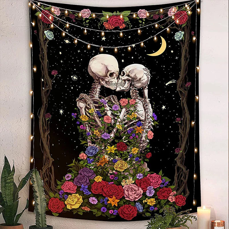 Decobites Skull Lovers' Kiss Tapestry - Colorful Roses and Tarot Skeleton Wall Hanging