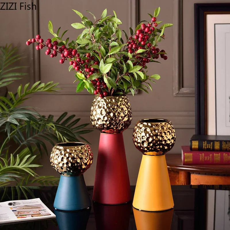 Jarrón de cerámica con patrón de martillo dorado Decorbites™: Maceta creativa para decoración de mesa y arreglo floral