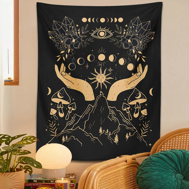 Moon Phase Magic Mushrooms Tapestry Wall Hanging by Decobites - Hippie Witchcraft Home Decor