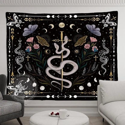 Decobites Snake Moon Phase Stars Butterfly Night Psychedelic Mystery Tapestry