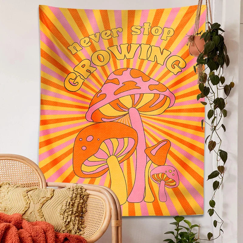 Decobites Mushroom Tapestry Retro Groovy Wall Decor Rainbow Sun Vintage Print