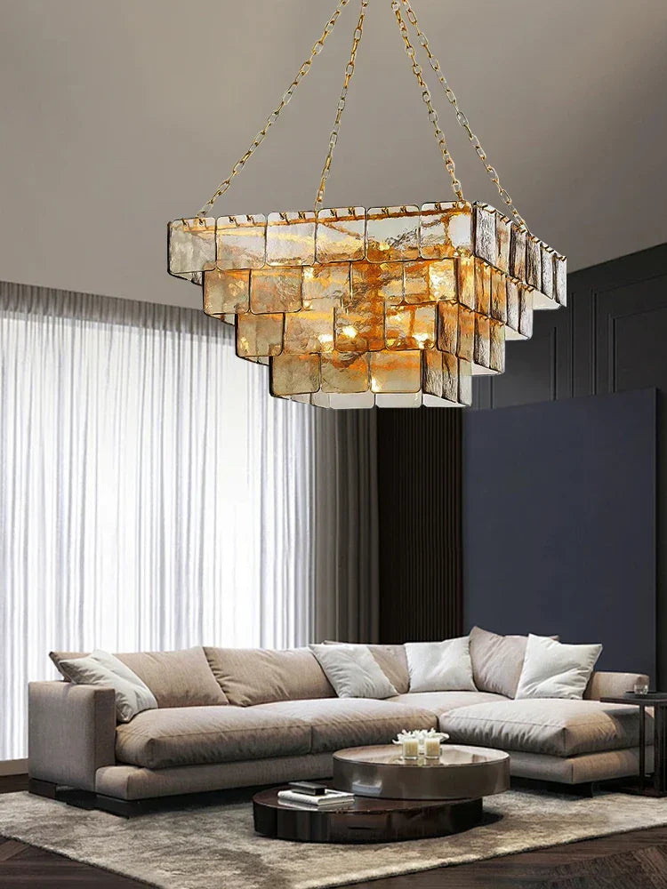 DecorBites™ Gold Glass Chandelier Luxe Living Room Lighting Fixture Luxurious Hanging Lamp