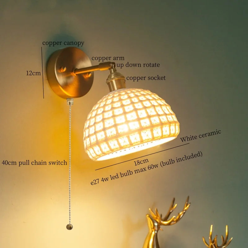 DecorBites™ Brass Ceramic LED Wall Light | Nordic Modern Bedside Lamp for Bedroom, Bathroom, and Sofa