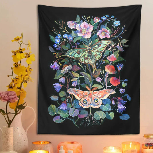 Moon Moth Tapestry Wall Hanging by Decobites - Floral Mushroom Witchcraft Wildflowers Dream Decor