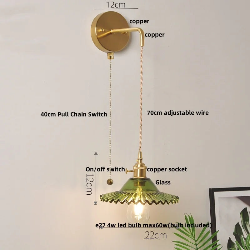 Decorbites™ Grüne Glas-LED-Wandleuchten mit Zugschalter - Vintage-Kupfer-Wandleuchte